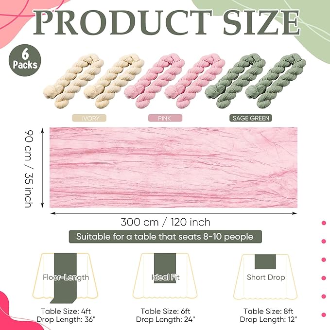 6 Pcs Sage Green and Pink Cheesecloth Table Runner Boho Gauze Cheese Cloth Runner 118" Rustic Table Decor for Engagement Wedding Bridal Baby Shower Birthday Party Home Arbor Decorations