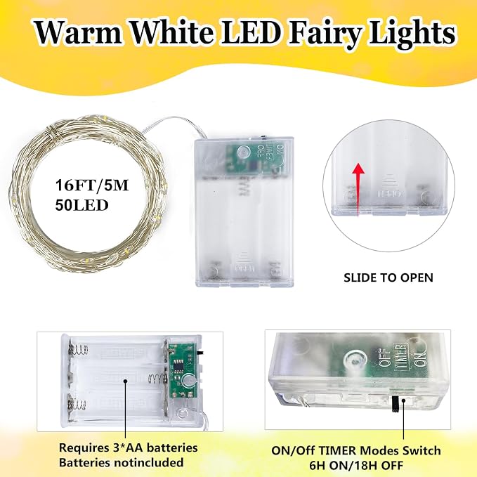 6-Pack Fairy Lights Battery Operated with Timer, 16FT 50 LED String Lights Indoor Outdoor, Cuttable Starry Fairy Lights Waterproof for Christmas Home Bedroom Wedding DIY Centerpiece Decor (Warm White)