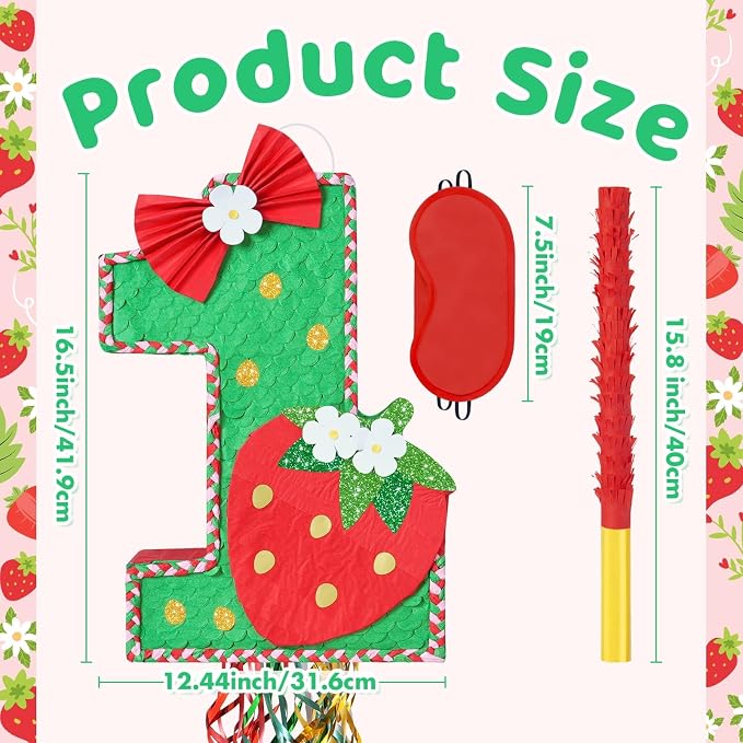 WERNNSAI Berry First Piñata - Sweet One Birthday Party Decorations Strawberry Party Game Number 1 Piñata for Baby Shower Theme Party Favor With Blindfold