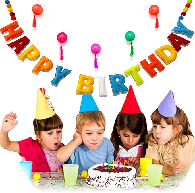 Pre-Strung Happy Birthday Banner - Felt Ball Garland, Rainbow Party Decorations, HAPPY BIRTHDAY Garland, Personalized Birthday Sign for Birthday Decor, Party Decor, Photo Prop (Rainbow-Colored Happy Birthday Banner)