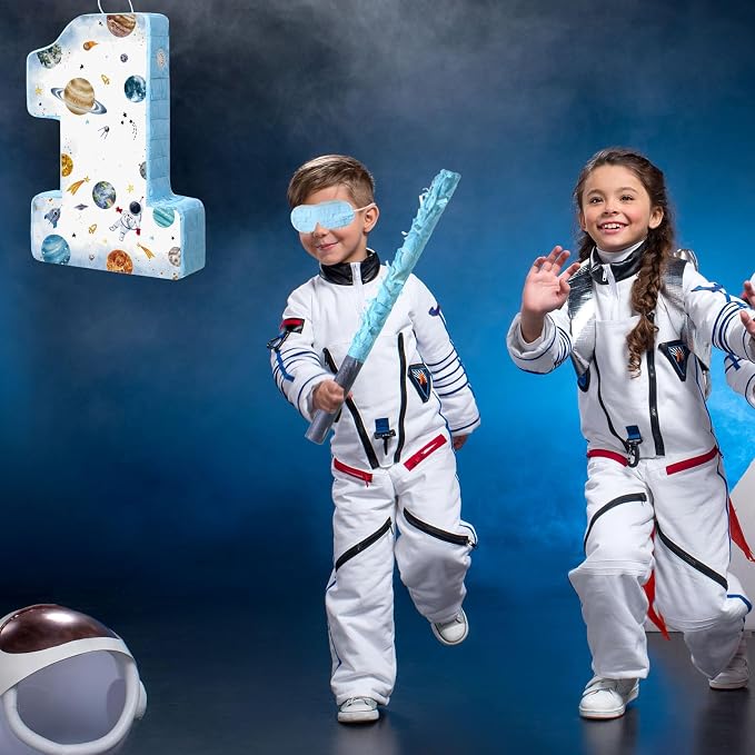 Blosssound Space Piñata Space 1st Birthday Party Decorations Supplies Number One Piñata Set with Stick Blindfold for Astronaut Planet Theme Birthday Baby Shower Celebration Decorations Supplies
