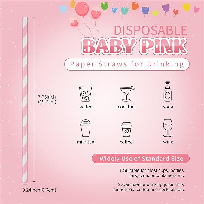 PakTalk 100 Pack Baby Pink Paper Straws for Drinking, Disposable and Biodegradable, Food Grade Material, Eco-Friendly Straws for Birthdays, Weddings, Baby Showers (0.24" x 7.75")