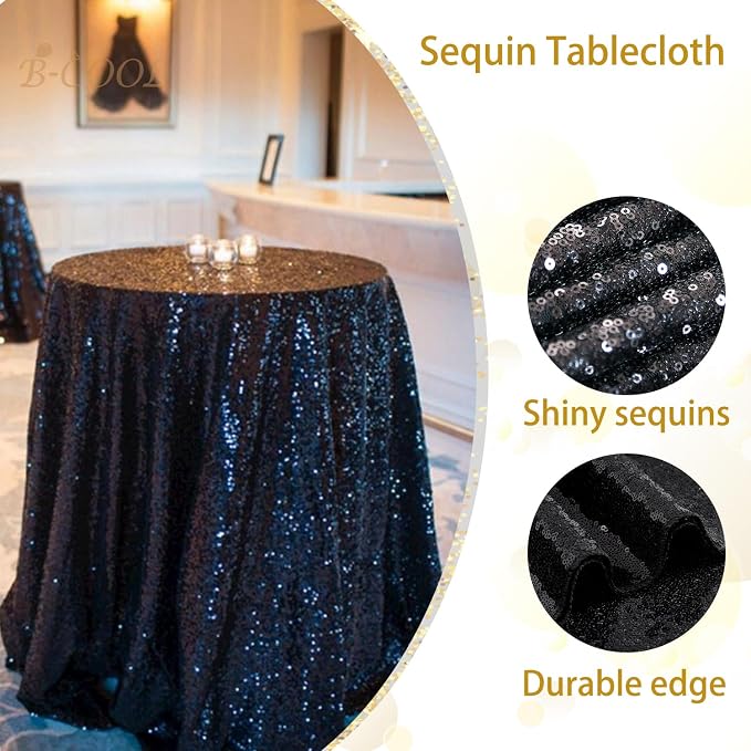 B-COOL Black Sequin Tablecloth Parties Decor: Round Sequin Overlay Shimmer Fabric for Halloween Table Setting Buffet Graduation Party 120 Inch