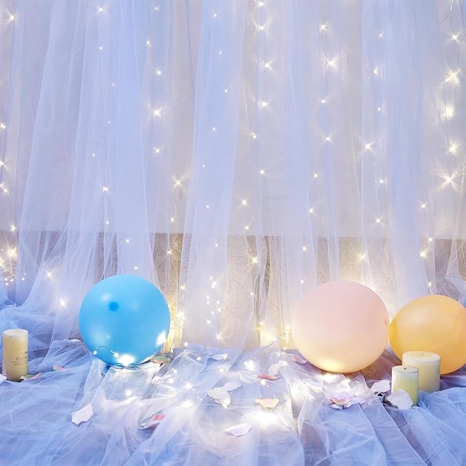 10×15ft Baby Blue Sheer Tulle Backdrop Curtains with Lights String for Parties Baby Shower Decorations for Boy Bridal Shower Birthday Party Photo Shoot Background Wall Decorations 2 Panels 5×15ft