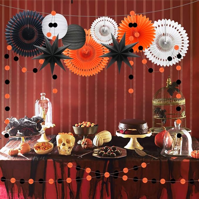 Orange White Black Halloween Decorations, Hanging Tissue Paper Fans Circle Garland Paper Lanterns for Graduation Wedding Anniversary Birthday Backdrop Decor
