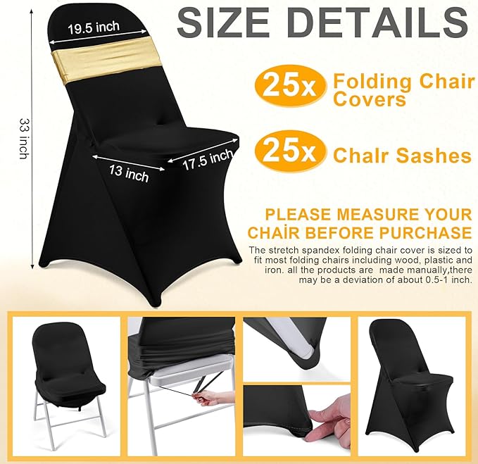 Preboun 50 Pack Folding Chair Cover Set with 25 Spandex Chair Slipcovers 25 Sequin Chair Sashes Bow Washable Chair Protector Chair Cover for Party Wedding Banquet Event (Black and Gold)