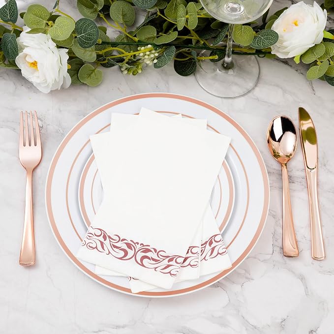 BESTVIP 200 Pack Disposable Paper Napkins,3-Ply Dinner Napkins with Rose Gold Trim for Guests, Bathroom Paper Hand Towels Soft and Absorbent, Perfect for Kitchen, Dinner, Party, Wedding or Event