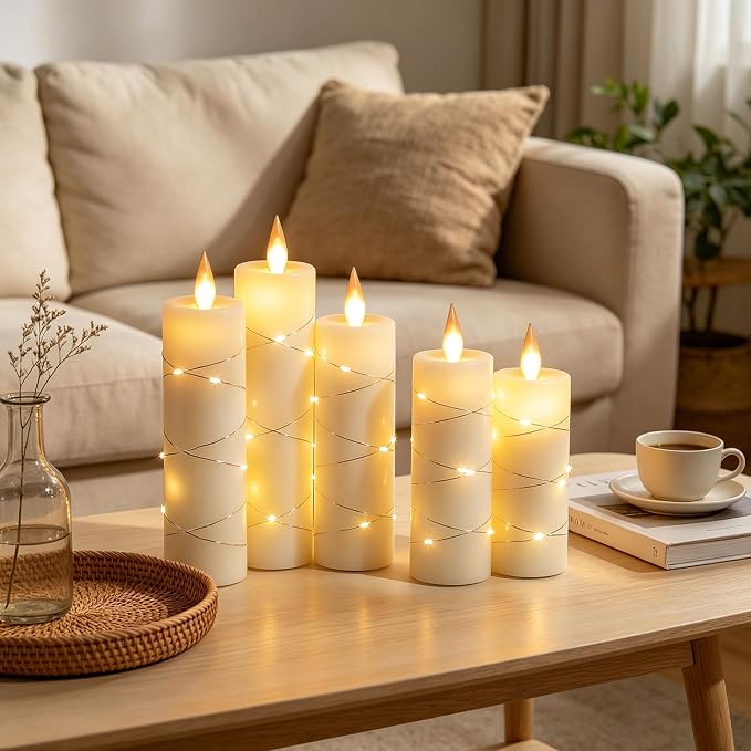 Da by 5 Pack Ivory Real Wax Flameless Taper Candles, Lifelike Flickering LED Flame Candles with Surrounding Fairy String Lights, Battery Candles with Remote for Home Wedding Holiday Decor
