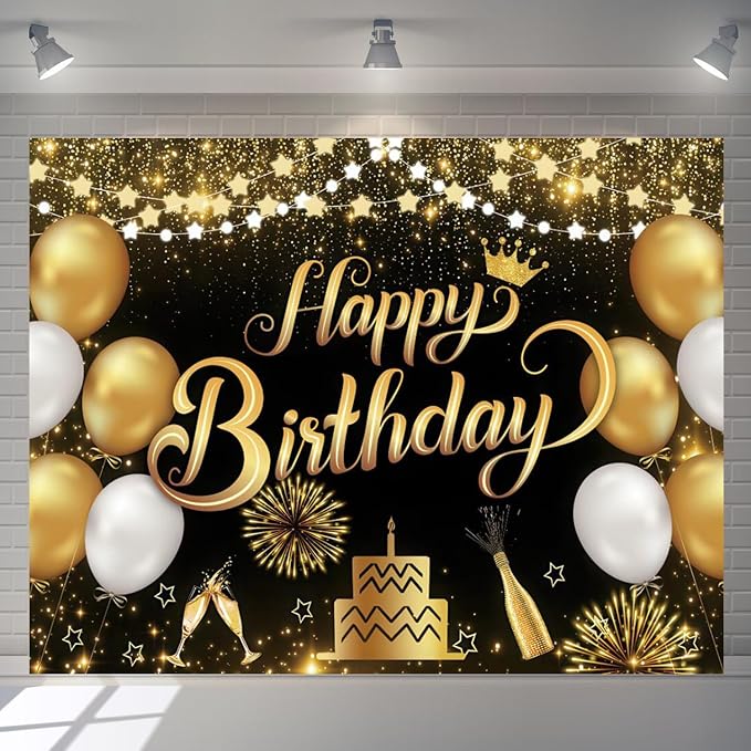 Happy Birthday Backdrop 10x8ft For Men Women Boys Girls Black and Gold Happy Birthday Sign Wall Banner Decorations Large Birthday Party Photo Background Poster Supplies Polyester Fabric