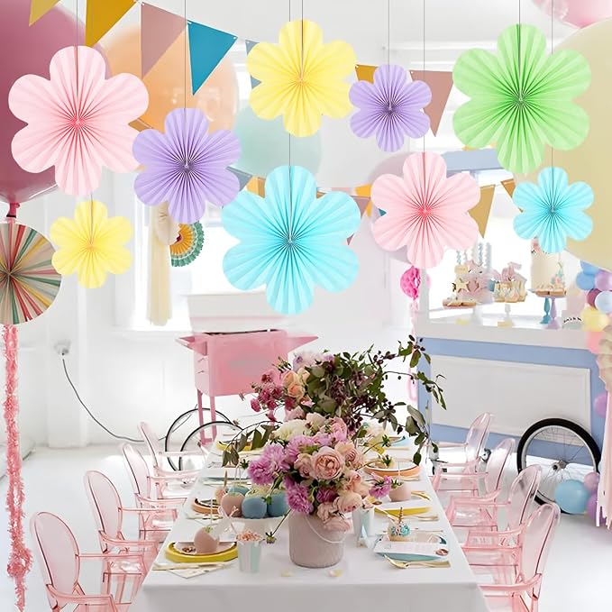 DODOKIM Paper Fans Party Decorations Paper Flowers Decorations for Wall Floral Backdrop Classroom Baby Shower Birthday Party Flower Wall Decor Pack of 9 Rainbow
