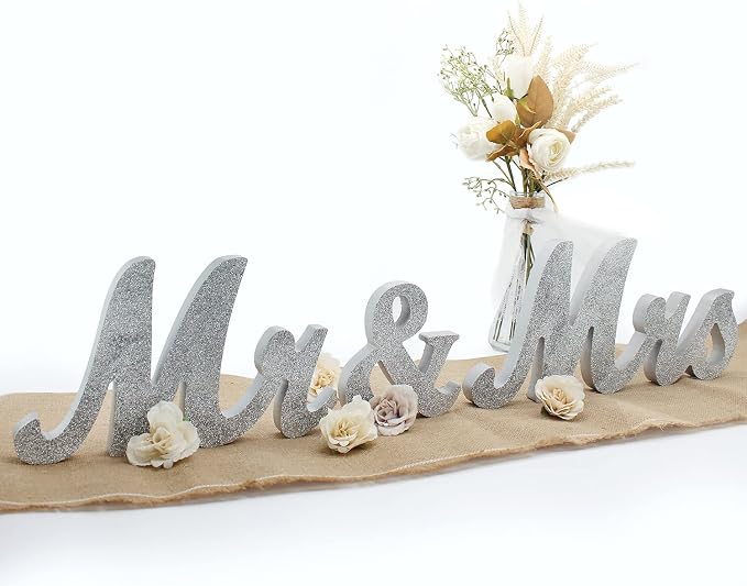 Mr & Mrs Sign for Wedding Table, Large Mr and Miss Wooden Letters, Party Decoration Head Table Wedding Wood Letter, Just Married Sign Anniversary Party Valentine's Day Decor, Silver 2