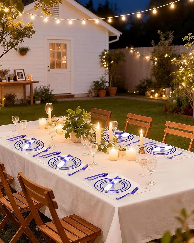 Goodluck 350 Pcs Disposable Clear Blue Plates and Napkins Party Supplies | Include 100 Plastic Plates, 50 Pack Pre Rolled Napkins with Silverware, 50 Cups for Wedding, Graduation, Birthday Party