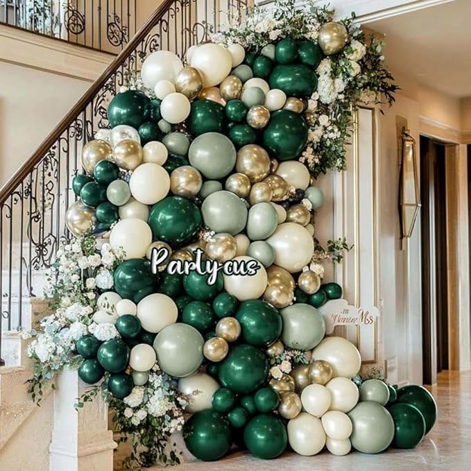 Emerald Green Gold Balloon Arch Kit Double Stuffed Dark Dusty Green Pearl White Sand Latex Balloon Garland for Birthday Baby Shower Wedding Anniversary Graduation Jungle St. Patrick's Day Party
