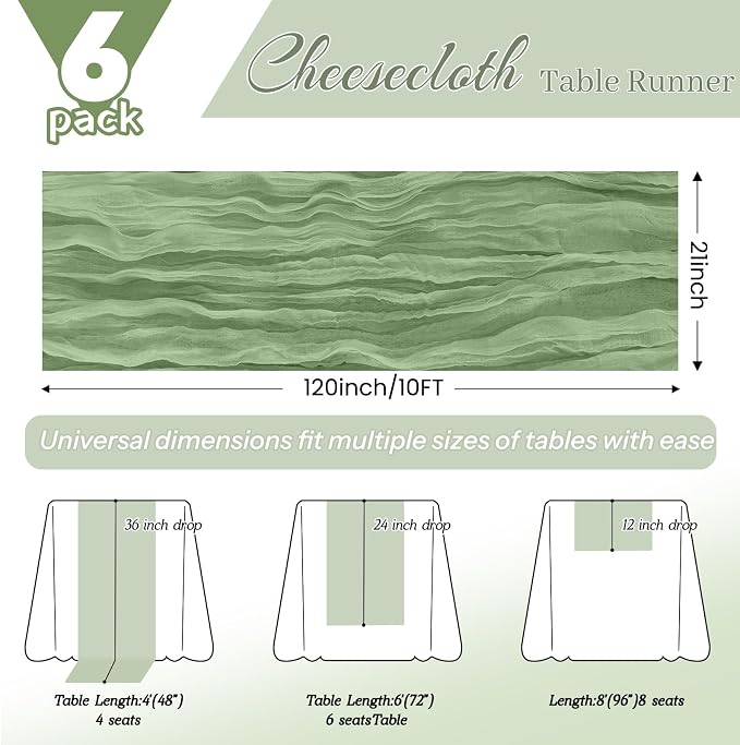 6 Pack Sage Green Cheesecloth Table Runner 21x120 Inches, Boho Gauze Rustic Semi Sheer Cheese Cloth Table Runners for Easter Wedding Bridal Baby Shower, Birthday Party, Long Farmhouse Table Decor
