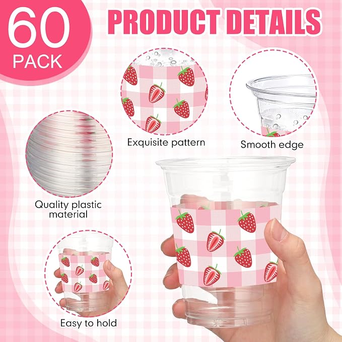 Funnymoom 60 Pack Strawberry Plastic Cups 12 oz Pink Gingham Disposable Clear Plastic Drinking Cups for Summer Fruit Theme Baby Shower Birthday Holiday Party Decoration Supplies