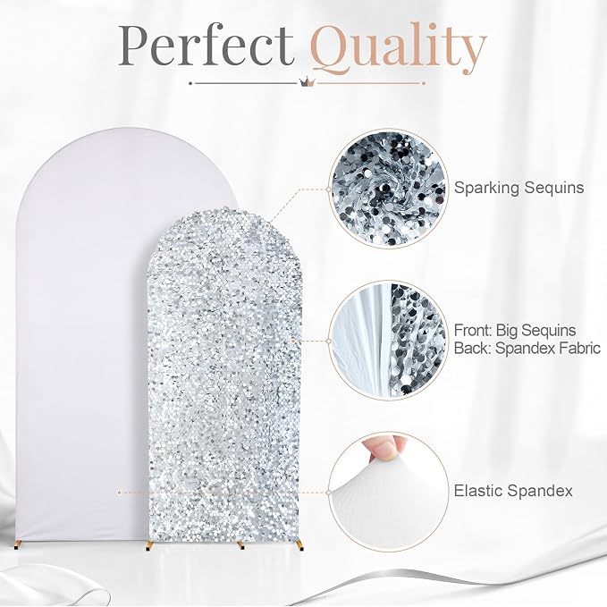 White and Silver Arch Covers 7.2 and 6FT Sequin Arch Backdrop Cover Set of 2, Spandex Fitted Bling Sequin Arch Stand Covers for Birthday Party Ceremony Baby Shower Banquet Decoration