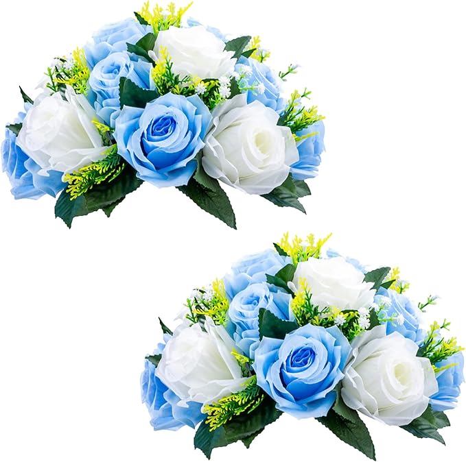NUPTIO Flower Balls for Wedding Table Centerpieces, Blue & White Fake Rose | 2 Pcs Artificial Silk Floral Bouquet Arrangements, for Birthday Party, Baby Shower, Quinceanera, Housewarming Decorations