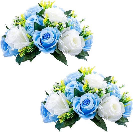 NUPTIO Flower Balls for Wedding Table Centerpieces, Blue & White Fake Rose | 2 Pcs Artificial Silk Floral Bouquet Arrangements, for Birthday Party, Baby Shower, Quinceanera, Housewarming Decorations