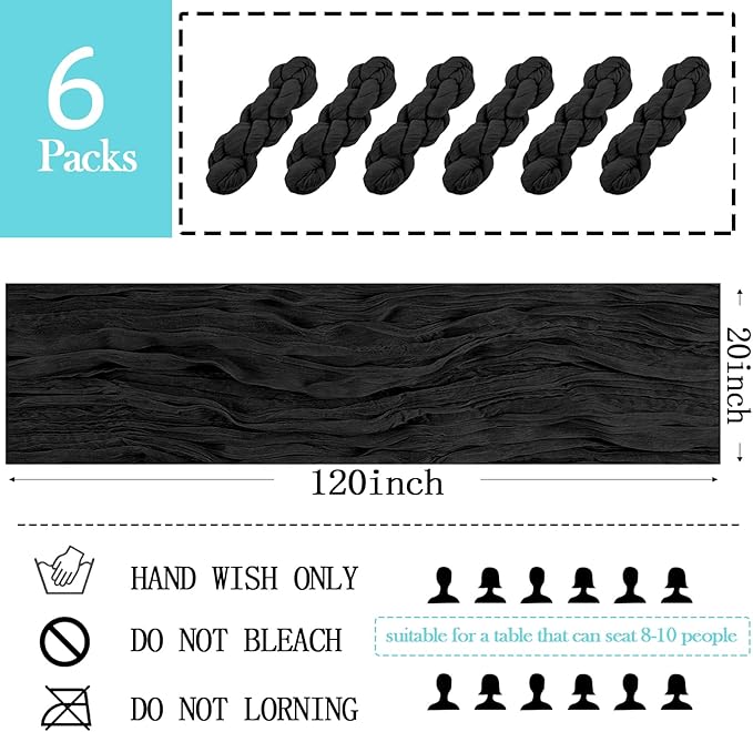 6 Pack Black Cheesecloth Table Runner 20 x 120 inch Gauze Table Runners 10 FT Long,Semi Sheer Boho Cheese Cloth Fabric Table Runner Bulk for Wedding,Party,Baby Shower,Bridal Shower Decoration