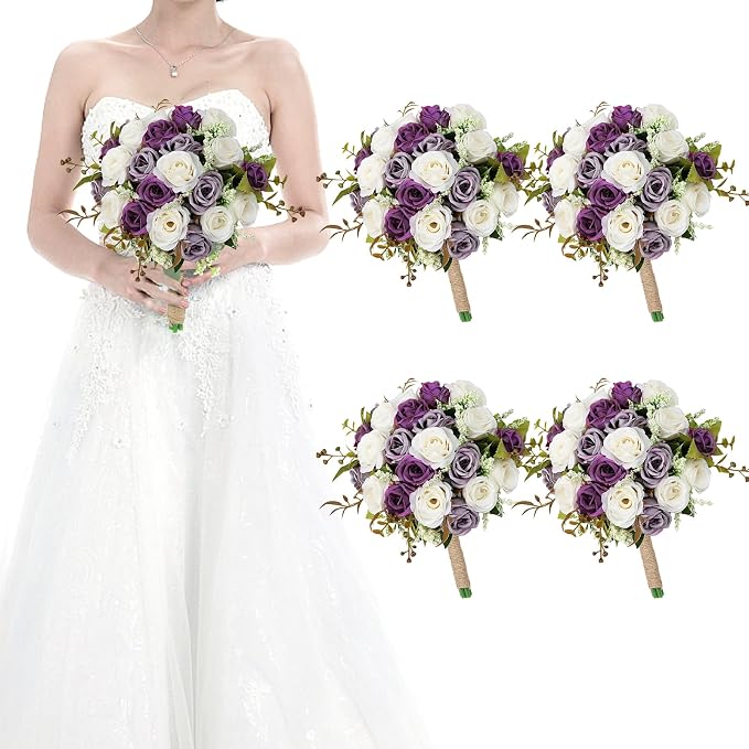 Set of 4 Bridesmaid Bouquets for Wedding - 7 Inch Artificial Ivory Flower Bouquet for Party Ceremony Anniversary Dinning Table Centerpieces Decor - Dusty Purple & White
