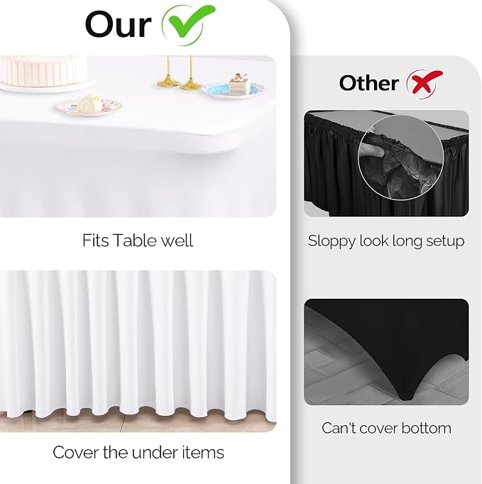 Wish Care 8 Pack White Spandex Table Clothes for 6 Foot Rectangle Tables, 6FT Wrinkle Free Fitted Tablecloths Ruffles Design Table Cloth for Party, Banquet, Wedding and Events