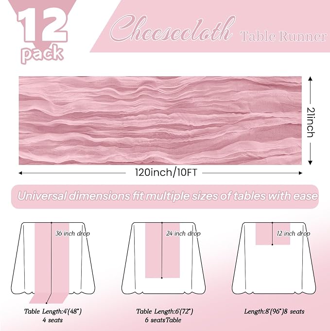 12 Pack Pink Cheesecloth Table Runner 21x120 Inches, Boho Gauze Rustic Semi Sheer Cheese Cloth Table Runners for Easter Spring Wedding Bridal Baby Shower, Birthday Party, Long Farmhouse Table Decor