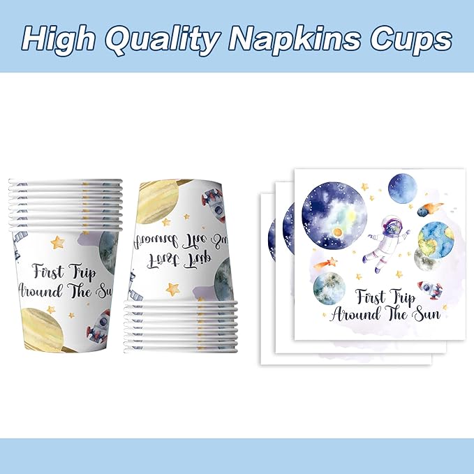 96 PCS First Trip Around The Sun Decorations,Outer Space Party Decorations 1st Birthday Party Supplies Plates Napkins Cups Set,Space Theme First Birthday Party Decorations for Boy Girl