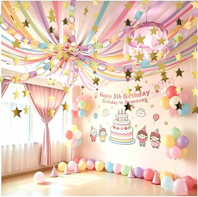 Pastel Paper Chain Garland Party Decorations Include 400 Sheet Paper Chain Strips,492ft Crepe Paper Streamers,52ft Star Strips Hanging,24 Balloons for Kid's Birthday Wedding Party Supplies