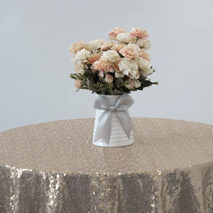 132 Inch Round Champagne Sequin Tablecloth, Metallic Large Glitter Sparkle Table Cloth for Dining Banquet Table, Sequin Table Linen for Wedding Bridal Shower Party Decorations