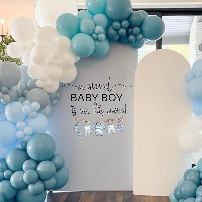 A Sweet Baby Boy is On His Way Decal - Baby Boy Gender Reveal Wall Decal, Nursery Shower Party Decoration, Blue Clothesline Design (Blue)