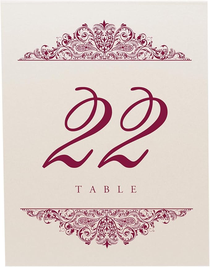 Paisley Wedding Table Numbers (Select Color/Quantity), Champagne, Burgundy, 1-200, Double Sided, Tent or Use in a Stand, Great for Parties & Restaurants - Made in the USA