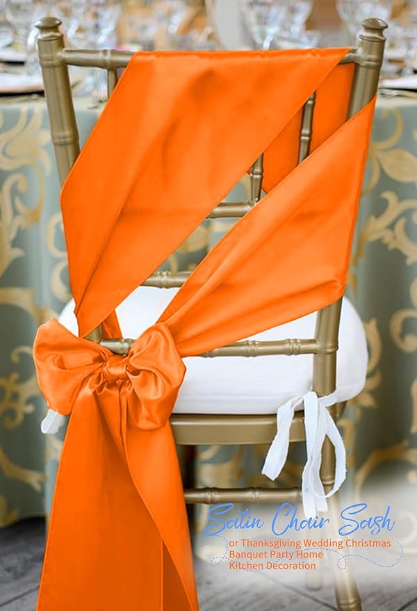 120 PCS Orange Satin Chair Sashes, Ties Bows Designed Chairs Decorative, Chair Cover Sashes for Thanksgiving Wedding Christmas Banquet Party Home Kitchen Decoration (7 x 108 inch)