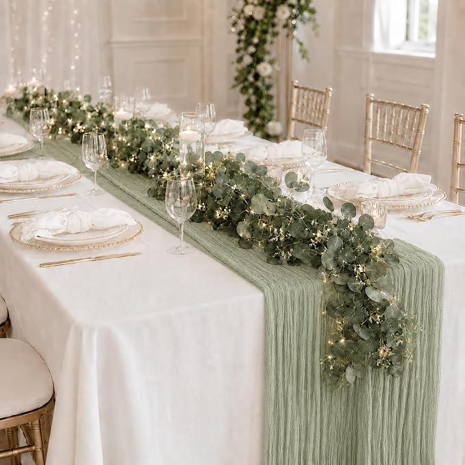 Cinrobiye 11pcs Cheesecloth Table Runner Set 120 Inch – Gauze Table Runner with Napkins, Eucalyptus Garland & String Lights for Wedding Baby Shower Table Decor, Rustic Boho