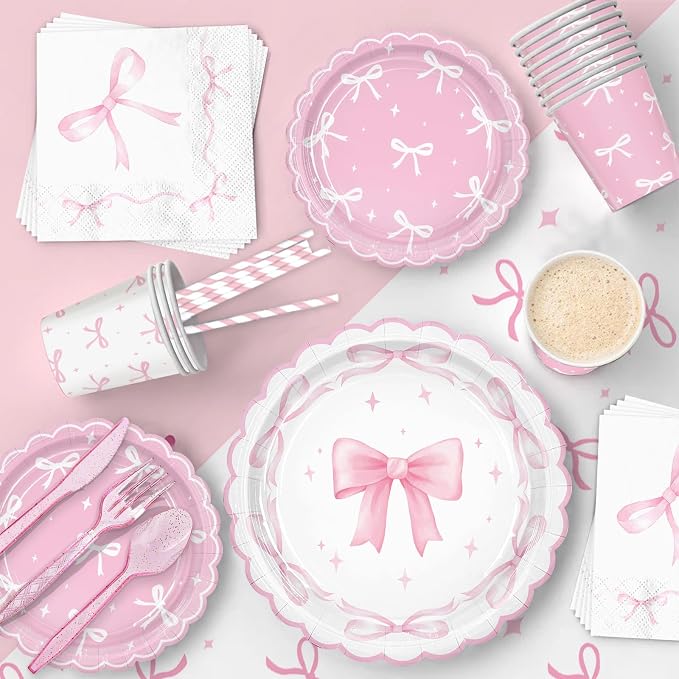 161PCs Pink Bow Party Supplies Pink Coquette Plates Napkins Cups Tablecloth Straws Forks Spoons Knives for Birthday Party Bachelorette Decor Bridal Engagement Coquette Party Supplies for 20 guests