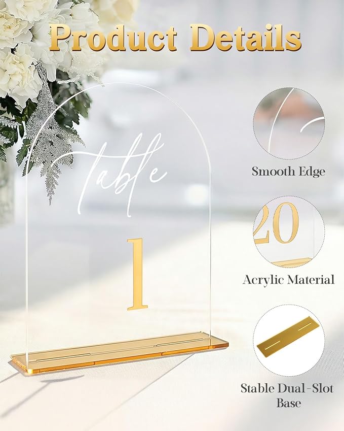 Arched Wedding Table Numbers 1-10 with Stands 5.5 x 7” Gold Number Clear Acrylic Table Numbers Signs for Wedding Reception, Anniversary, Event, Party(1-10)