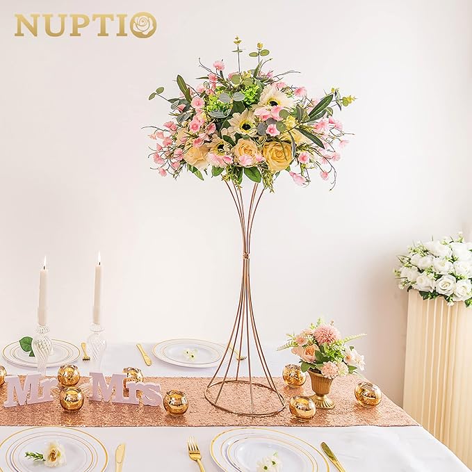 NUPTIO 2 Pcs Trumpet Vases for Centerpieces 26in Tall Gold Vase, Wedding Centerpieces for Tables, Artificial Arrangement Flower Stand for Anniversary Party Birthday Event Aisle Home Reception Decor