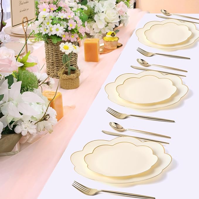 supernal 60pcs Ivory Gold Plastic Plates, Elegant Scalloped Disposable Dinnerware Set (30 Dinner & 30 Dessert Plates) - Heavy Duty Cream Floral Plates for Wedding, Bridal Shower, Mother's Day&Parties