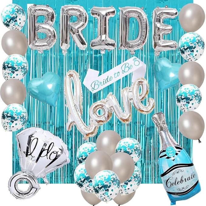 Bachelorettesy 28pc Bachelorette Party Decorations Kit for Bride to Be, Bridal Shower Decorations, Engagement Party – Balloons, Sash, Foil Backdrop Curtain (Teal)