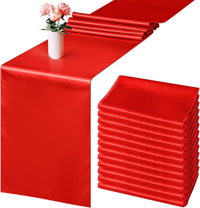 ANECO 4 Pack Satin Table Runner 12 x 108Inch Long Bright Silk and Smooth Fabric Party Table Runner for Wedding Banquet Party Decoration- Red