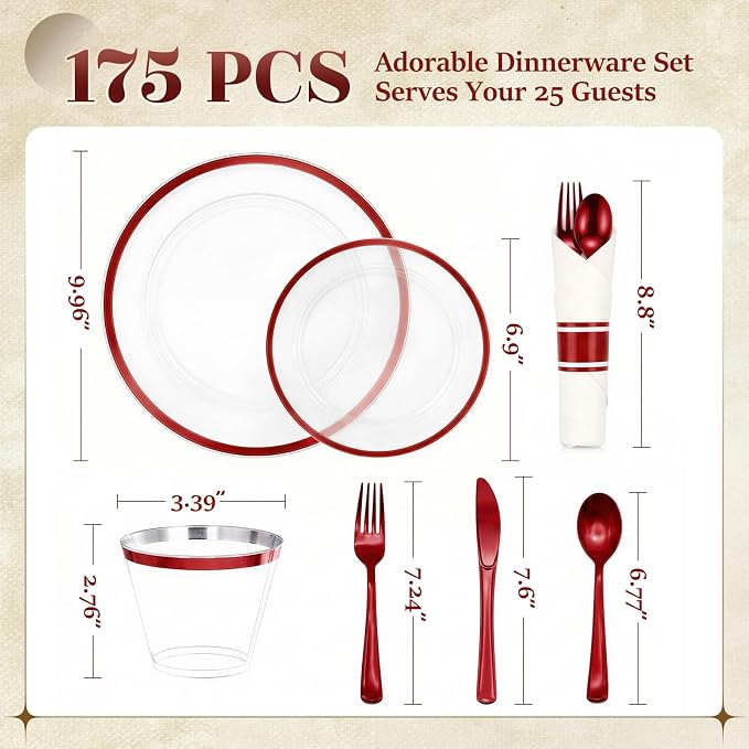 175pcs Plastic Plates for Party Clear & Red | Disposable Plastic Dinnerware Set for 25 Guests Include 50 Plastic Plates,25 Cups & 25 Pre Rolled Napkins with Cutlery Set