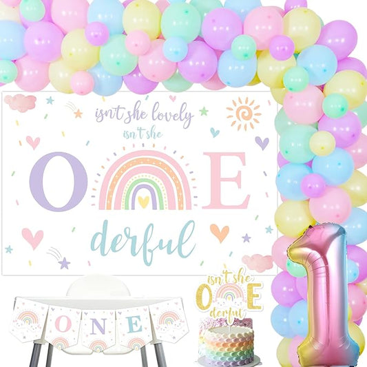 JOYMEMO Pastel Rainbow 1st Birthday Decorations Girl - Isn't She Lovely Isn't She Onederful Backdrop Cake Topper with Rainbow Balloon Garland Arch, One Highchair Banner, Rainbow First Birthday Party