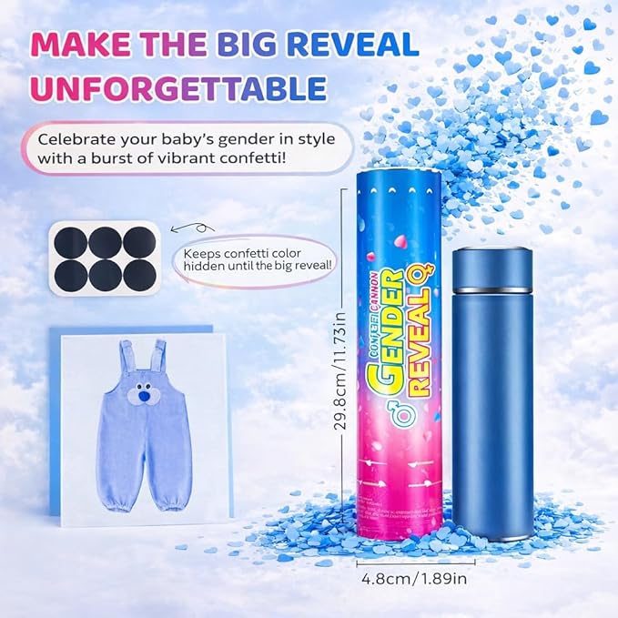 Gender Reveal Confetti Cannons – 6 Pack Blue Party Poppers – Baby Boy Gender Reveal Cannon Kit with Heart-Shaped Confetti – Easy Twist Shooters for Baby Reveal Party Decorations