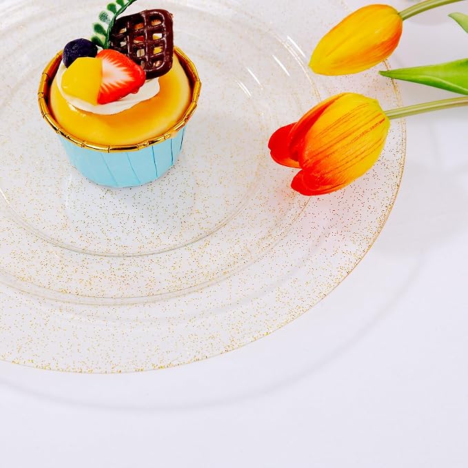 I00000 700 Pcs Gold Glitter Plastic Dinnerware Sets, Disposable Plates for Party, Include: 100 Dinner Plate,100 Dessert Plate,100 Paper Napkins, 100 Cups,100 Plastic Silverware Set