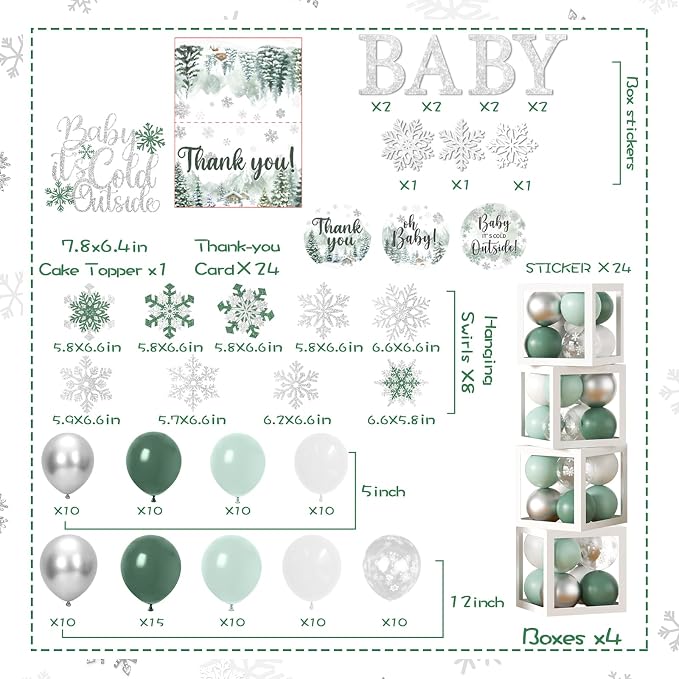 Baby It’s Cold Outside Baby Shower Decorations, Green Winter Baby Shower Decorations Winter Wonderland Tablecloth Banner Backdrop Balloon Box Cupcake Topper Hanging Swirl for Boy Girl Gender Reveal