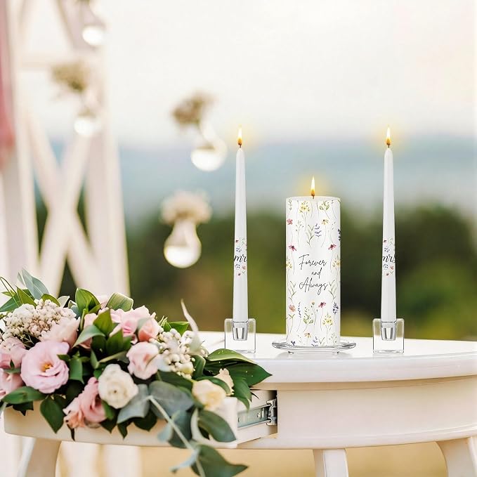 Irenare Unity Candles with Holder for Wedding Ceremony Unity Candle Set Wedding Table Decorations Accessories for Formal Events Church (Wildflower)