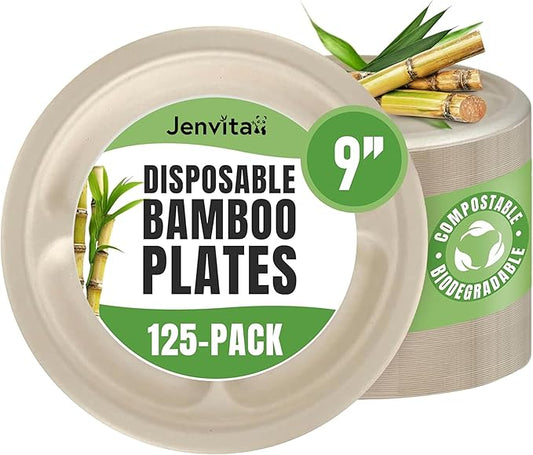Bamboo Paper Disposable Plates with Compartment (125-Pack, 9-inch) - Sturdy & Microwave Safe | Disposable Sectioned Plates | PFAS Free, Biodegradable | FSC Certified Alternative to Plastic