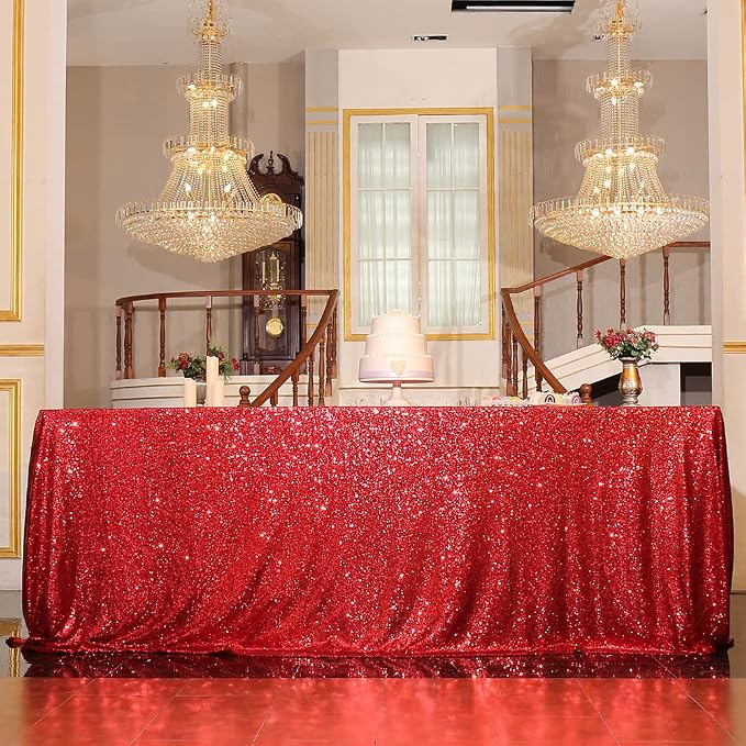 Eternal Beauty Red Tablecloth, 90x132 Inch Sequin Christmas Rectangle Table Cover for Valentines Cake Dessert Exhibition Party Birthday Events