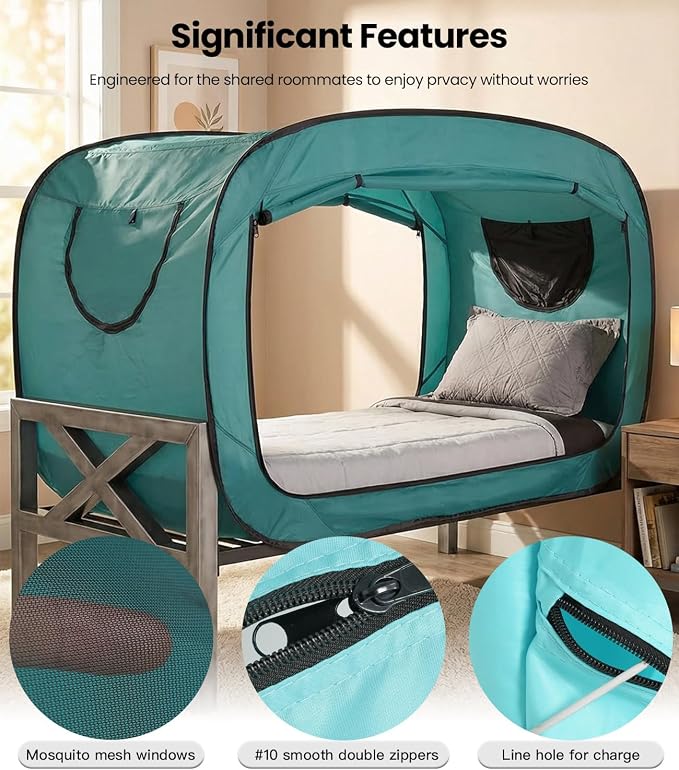 ANC POP Bed Tent Full Bed Canopy Portable Dream Tent for Adult Indoor Sleeping Tents with 2 Doors Breathable Private Space Tents, Teal