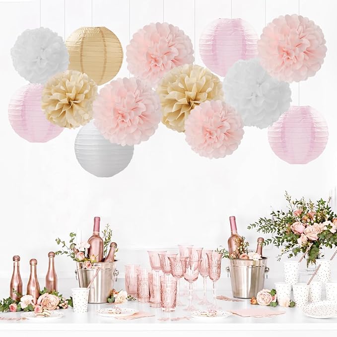 Light-Pink Gold White Party-Decorations Paper-Flowers Lanterns Panduola | 15pc Boho Tissue Pom Poms Streamers,Birthday Bachelorette Bridal Baby Shower Engagement Wedding Graduations Decor Panduola
