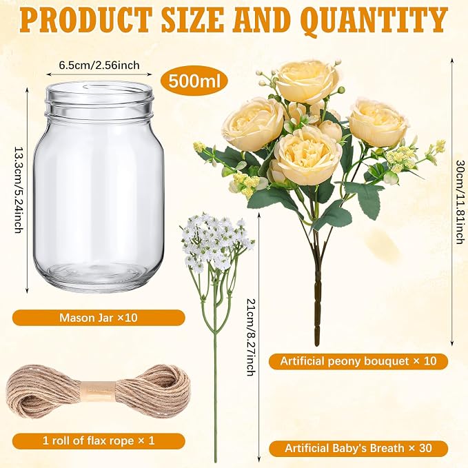 XunYee 10 Set Mason Jar Table Centerpiece with Flower Mason Jar Flower Centerpiece Vases Decor for Engagement Party Bridal Shower Wedding Reception Table Decor (Champagne,Peony, Gypsophila)